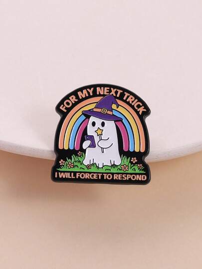 1 Pc Social Slacking Theme Enamel Pin "FOR MY NEXT TRICK I WILL FORGET TO RESPOND" Self-Deprecation Quote Ghost Wizard Hat Rainbow Elements Fun Design Brooch For Clothing Backpack Ideal For Social Humor And Meme Culture Enthusiasts