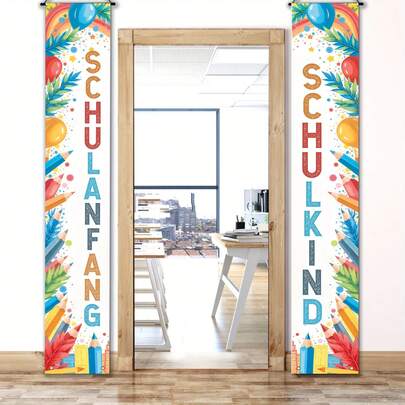 1 Set German Back To School Party Banner - Durable Polyester All-Season Decor, Vibrant Colors, Balloons, Pencils & Green Leaves Garland Suitable For Indoor/Outdoor Campus, Porch, Home Wall Decor, Holiday Atmosphere, High-Quality Printing, 2D Flat