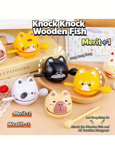 2026新款可爱动物造型木制鱼减压玩具，便携式桌面解压小玩意，适合成人和青少年，趣味可敲击减压玩具，以“功德+1”为主题，可爱猫/熊造型手持减压小工具，是办公室、家庭和学校缓解压力和无聊的完美礼物，轻巧便携，是日常抗压玩具的理想之选。