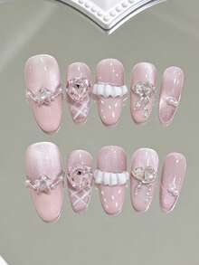 10片杏仁形手工美甲贴纸，适合派对和日常佩戴，粉色美甲，蝴蝶结美甲，易于佩戴的粉色美甲，可爱美甲，情人节美甲，美甲用品，亚克力美甲贴纸，Y2K风格手工美甲贴纸，夏季风格，适合女孩和女士在节日和日常场合佩戴的美甲用品，手工按压式美甲 - 粉色 - 查看 12