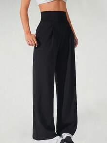 Women's High Waist Sports Pants - Loose Wide Leg Yoga Pants With Pockets, Fashionable Solid Color Casual Sports Wide Legs Pants, Wide Leg High Waist Casual Pants, Spring And Autumn Daily Casual - màu đen - Xem 5