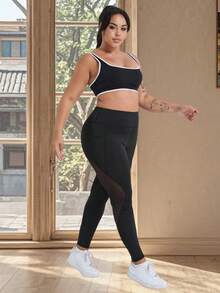 Pantalon de yoga taille haute avec contrôle du ventre pour femmes grandes tailles, leggings ajustés avec poches latérales et design bicolore, convient pour la course, l'entraînement et le port décontracté - Noir - Voir 8