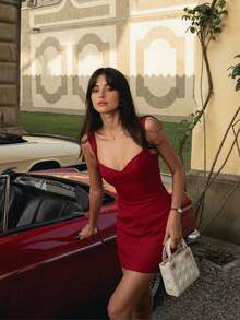 女士优雅浪漫魅力日常约会情人节修身吊带连衣裙 - 紅色 - 查看 5