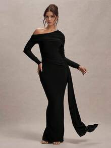 女士纯色不对称荷叶边系带设计优雅收腰鸡尾酒会礼服