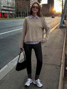 女士秋冬新款法式浪漫休闲百搭简约优雅针织毛衣上衣 - 卡其色 - 查看 3