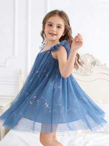 1pc Young Girl Elegant Luxurious Cute Lady Sweet Princess Bow Tie Sparkling Sequin Big Tulle Tutu Dress, Party Dress, Birthday Gift, Holiday, Celebration, Banquet, All Season - Dusty Blue - View 2