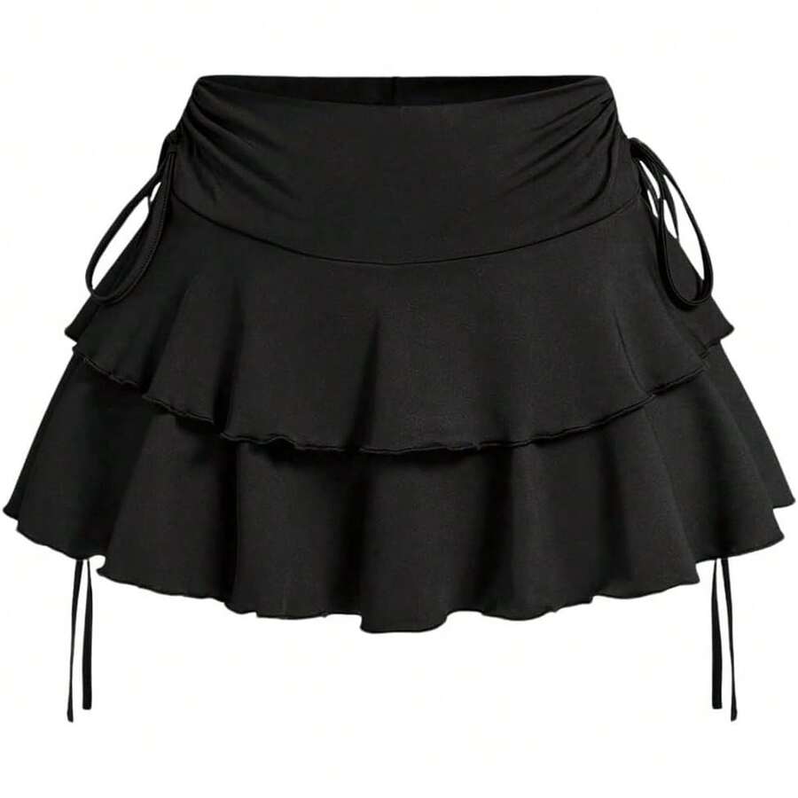 Women's Drawstring Bow Side Skirts Tiered Layer Ruffle Elastic Waist Y2K Coquette Short Skirts - 黑色 - 查看 1