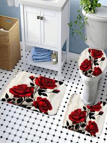 1/4 件套精美玫瑰花浴帘套装，装饰浴室套装，包含印花浴帘、防滑浴垫、马桶盖套、浴室地毯和 12 个塑料挂钩，浴室配件，家居装饰，宿舍装饰，农舍装饰 - 彩色 - 查看 9