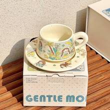 卡通咖啡杯碟图案马克杯，优雅下午茶杯，精美陶瓷杯，送给她的礼物 - 彩色 - 查看 9