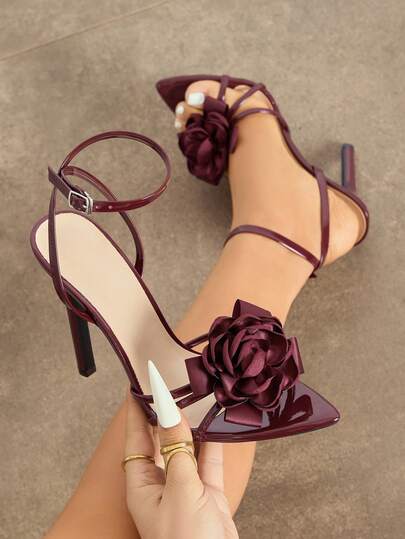 Women's High Heel Shoes, Suitable For Spring/Summer Night Parties, Outdoor Events, Fashion Occasions, Banquets. Electroplated Thin High Heel, Pointed Toe, Shiny Criss-Cross Strap Design With Rose Flower Decor. Soft Mirror-Finish Material, Adjustable Ankle Strap. Elegant Burgundy Color, Fashionable For Formal Dresses, Weddings, Proms, Parties.