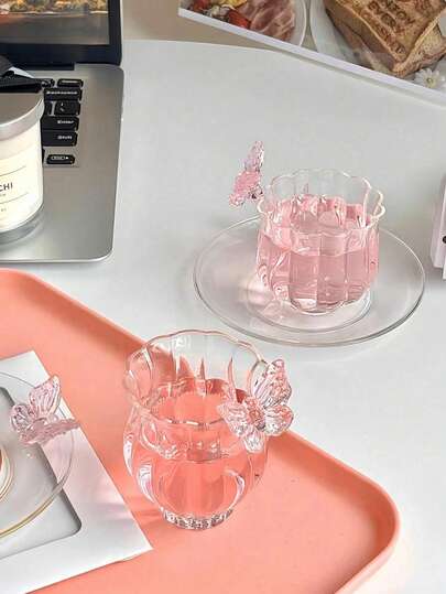 1 Set Taza y platillo de té de vidrio con mariposas 3D en color rosa, taza y platillo de vidrio para té de la tarde, postre y café con estilo Ins, adecuado para tiendas de postres, cafeterías, restaurantes y sala de estar