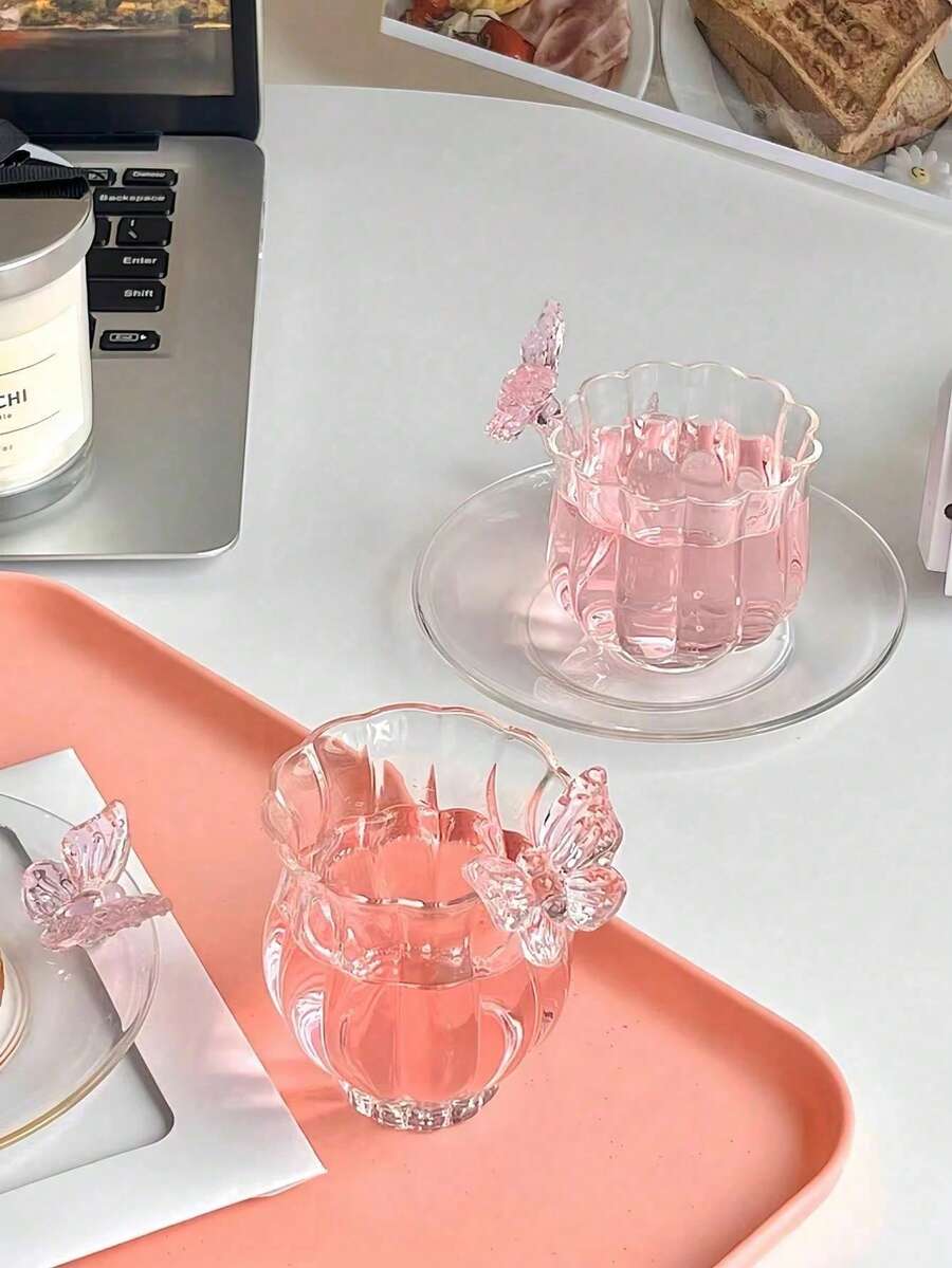 Bộ 1 tách trà và đĩa lót hình bướm 3D màu hồng, bộ tách trà và đĩa lót hình bướm nữ tính dùng cho tiệc trà chiều, bộ tách cà phê latte kiểu Ins-Style, thích hợp cho các cửa hàng tráng miệng, quán cà phê, nhà hàng, phòng khách. - Nhiều màu - Xem 1