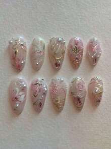 10Pcs Handmade European & American Style Nail Stickers With Heart, Star, Pearl, Bow Decor - Glossy Nude & Black Dual Color, Short Almond Shape, Elegant Design Artificial Nails Suitable For Women & Girls. Includes 1Pc Gel Polish & 1Pc Nail File. Valentine'S Day Press On Nails Nail Supplies Nails(Random Delivery) - 隨機的 - 查看 9