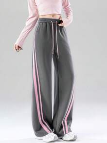 JUTU 灰粉色撞色复古高腰阔腿休闲裤，抽绳腰带，宽松显瘦，百搭长裤，适合春秋冬三季穿着。 - 1A71煙灰拼粉 - 查看 2
