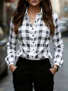 Camisa de poliéster a cuadros rojos esencial para mujer, de manga larga regular, con diseño de botones, estilo casual de otoño - Blanco - Ver 6