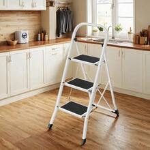 3-Step Ladder, Folding Ladder, Safety Lock, Space-Saving Storage, White - White - View 3