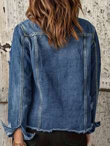 Plus Size Women Distressed Denim Jacket - Button Down Long Sleeve Coat, Frayed Hem, Casual Ripped Style Suitable For All Figures - Dark Wash - View 2