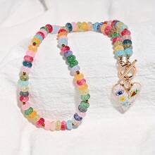 Handmade Colorful Glass Bead Necklace With Heart Pendant - Elegant O-Tassel Chain For Daily Wear & Parties, Perfect For All Occasions, Party Accessory |   Vibrant Accessory |   Handcrafted Jewelry, Necklace For - Color 5 - 查看 3