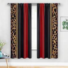 A Set Of 2-Piece Curtains, Featuring Brown Leopard Print And Snow Leopard Design, Paired With Red And Black Plaid Stripes, Available In Various Sizes. - Nhiều màu - Xem 3