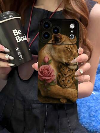 1pc Floral Lion Printed 2D Pattern Creative High-End Stylish Chic Floral Leopard Design Suitable For Gifting To Elders, Friends, Family, Couples, Birthday, Festivals, Black Matte Soft Protective Dustproof Waterproof Case Compatible With IPhone 17/16/15/14/13/12/11/Pro/ProMax/X/XR/XS/XSMAX/7/8/PLUS And Models