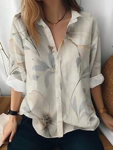 女款優雅花卉印花鈕扣前襟翻領捲袖長袖休閒寬鬆襯衫上衣，適合春夏度假 - 彩色 - 查看 1