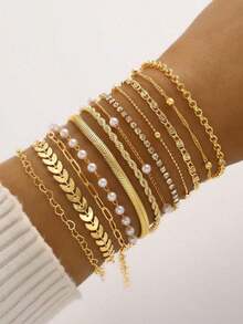 30/20/10/6pcs Multi-Piece Stacking Vintage Elegant Fashionable Minimalist Delicate Floral Geometric Ribbon Pearl Crystal Bling Bling Heart Floral Criss-Cross Braided Snake Bone Chain Airplane Chain Braided Chain Box Chain Lock Chain Cuban Chain Smooth Simplistic Plain Chain Bracelet Set, Suitable For Holiday, Party, Date, Gift, Daily Wear - 黃金 - 查看 3