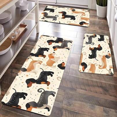 Charming Dachshund Dog Pattern Kitchen Mat - 47.24" X 120cm, Machine Washable, Rectangular, Pvc Backing, Polyester Material