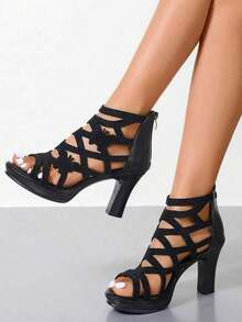 Black Roman High Heel Sandals, New Fashion Hollow Butterfly Design Peep Toe Boots, Elegant Mother Shoes For Summer - Black Butterfly Rhinestones - View 3