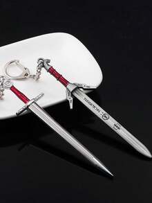 1 pieza Llavero de espada de plata de 12 cm, periféricos del juego The Witcher Wild Hunt, modelo de arma de cabeza de lobo medieval de metal como regalo de artesanía - Multicolor - Ver 2