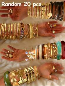 复古优雅复古硬币灵感25-4件套金属多元素几何不规则豹纹厚扎染树脂手链套装，仿珍珠五瓣花蝴蝶结圆形波浪交叉镂空宽手镯套装，极简夸张Y2K高端多层叠戴首饰，适合男女情侣派对结婚周年纪念礼物，日常佩戴 - 彩色 - 查看 12