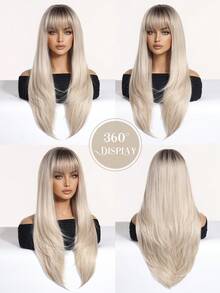 26英寸长直发渐变金色假发，带刘海，耐热合成假发，适合女性日常佩戴 - 挑染金色 - 查看 6