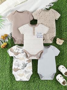 Children's 5-Piece Triangular Jumpsuit Set, With Short Sleeves, Cartoon Stripe And Dinosaur Print, Soft And Comfortable, Ideal For Outdoor Activities. - Màu Khaki - Xem 8