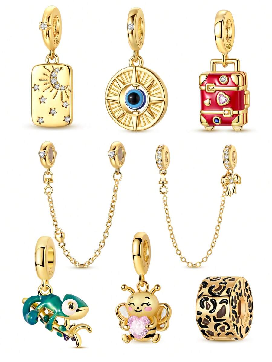 DIY镀金饰品 邪眼蜜蜂手提箱珐琅水晶吊坠 手链项链情人节礼物 浪漫可调节链条 首饰制作配件 - 金色 - 查看 1