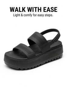 Women's Waterproof 1.69inch Platform Water Sandals Adjustable Casual Lightweight Wedge Chunky Sandals For Beach Vacation Summer All Black Shoes - 黑色 - 查看 7