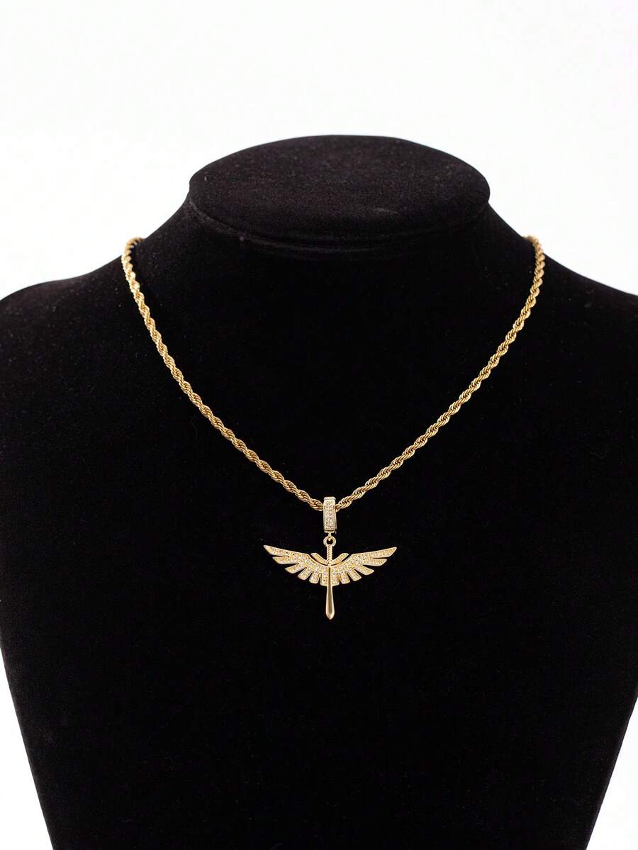 1件时尚铜合金锆石天使翅膀十字架吊坠项链，适合旅行、派对、聚会、装饰。