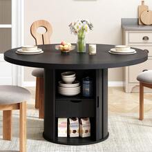 ONBRILL 47 Inch Round Dining Table For 4, Circle Kitchen Table Dinner Table With 2-Layer Storage Shelf And Wood Slide Door For Kitchen, Home Dining Room Living Room, Black - màu đen - Xem 8