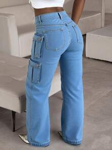 女士高腰工装口袋直筒牛仔裤 - 经典水洗舒适休闲牛仔裤 - 淺色水洗藍 - 查看 6