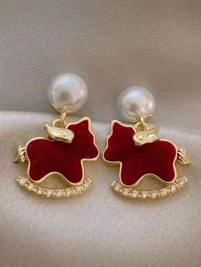 1对极简主义天鹅绒小马仿珍珠夹式耳环，动物几何造型无耳洞耳环，女士节日珠宝礼物