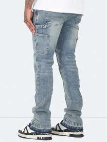American Streetwear Vibe Flared Hem Split Hem Washed Straight Fit Stacked Jeans For Men - Medium Wash - View 2