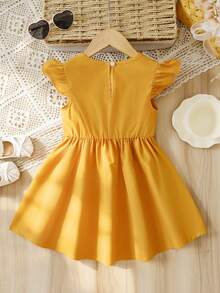 女童休闲可爱优雅百搭蕾丝拼接短袖连衣裙，春夏款 - 黃色 - 查看 2