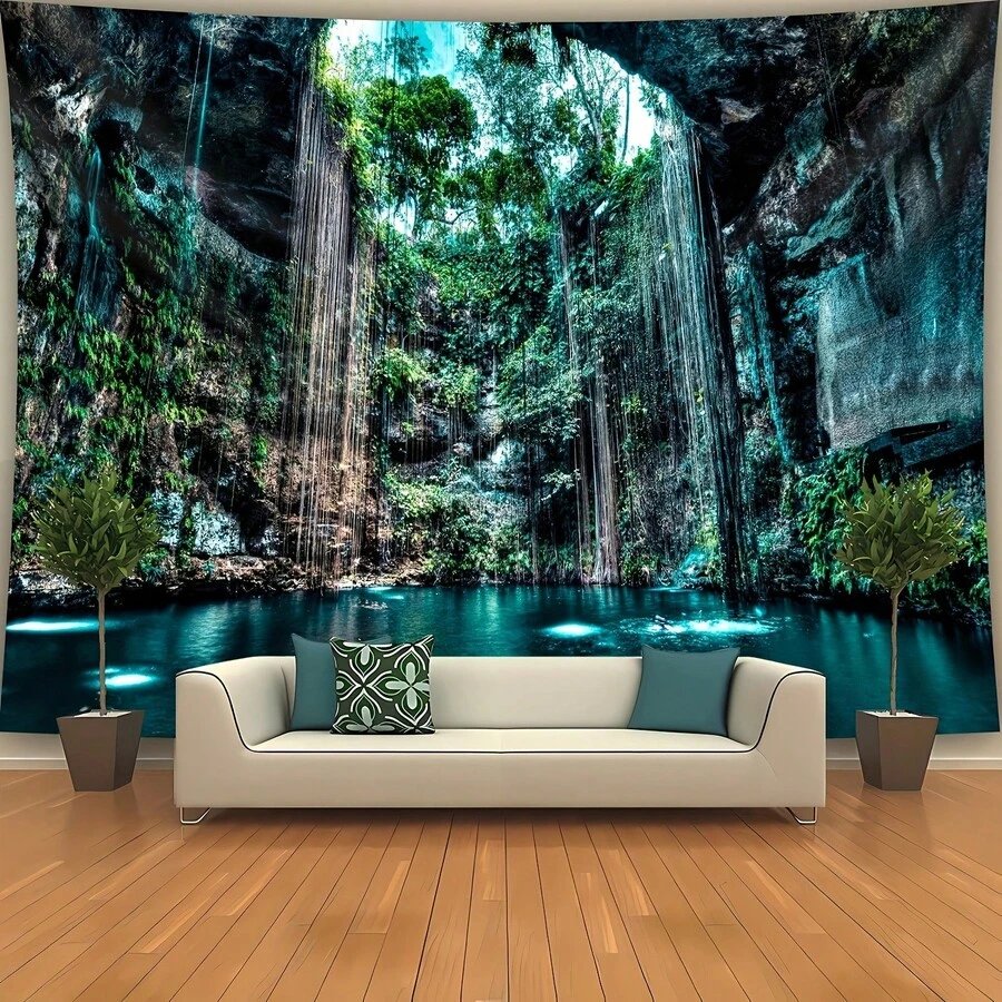 One Extra-Large Waterfall Forest Landscape Tapestry-Made Of Vibrant, High-Quality Polyester, Comes With Free Hooks, Suitable For Living Rooms, Bedrooms, Party Decorations, And Live Streaming Backdrops. A Natural-Inspired Interior Wall Decoration. - 彩色 - 查看 1