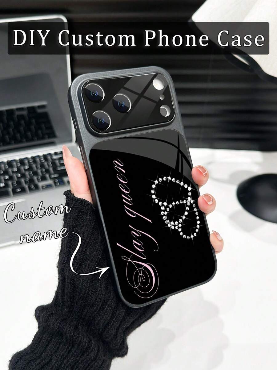 Luxury Black Sparkling Rhinestone Customized Heart Tempered Glass Lens Protection Matte Anti-Drop Phone Shockproof Case 1pc Compatible With Iphone 17/17Pro/17ProMax/17Air/16/16Pro/16ProMax/16Plus/15/15Plus/15Pro/15ProMax/14/14Plus/14Pro/14ProMax/13/13Pro/13ProMax/12/11 Phone Accessories Full Coverage High-End Protection Cover Birthday Anniversary Gift Party - Black - View 1