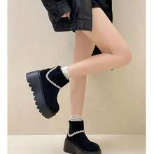 Women's Faux Suede Thick Sole Snow Boots, Women's Winter Shoes, Ankle-Length Design, Round Toe, Thick Lugged Sole, Black Fur Trim Casual Warm Winter Shoes, Suitable For Daily Wear - Black Frayed Edges - View 4