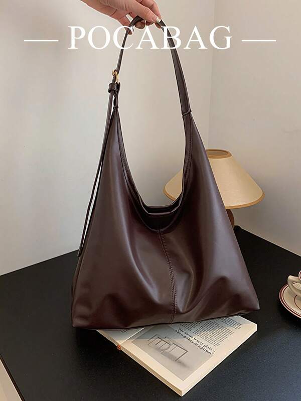 Solid Color Vintage Casual Large Capacity Foldable Shoulder Bag, Lightweight Student Shopping Travel Tote