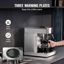 12 tazas cafetera de goteo comercial, cafetera con 3 carafas de vidrio y 3 placas más calientes, acero inoxidable para verter sobre la cervecera de café con ingesta de agua automática, para el restaurante de la oficina del café - Hay agua caliente - Ver 3