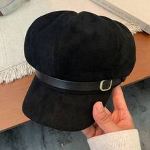 Women's Melard Vintage Suede Beret - Octagonal Trim Small Brim Hat, Melard Color (Rich Version), Autumn Winter Warm, French Style, Suitable For Casual And Formal Wear - 黑色的 - 查看 10