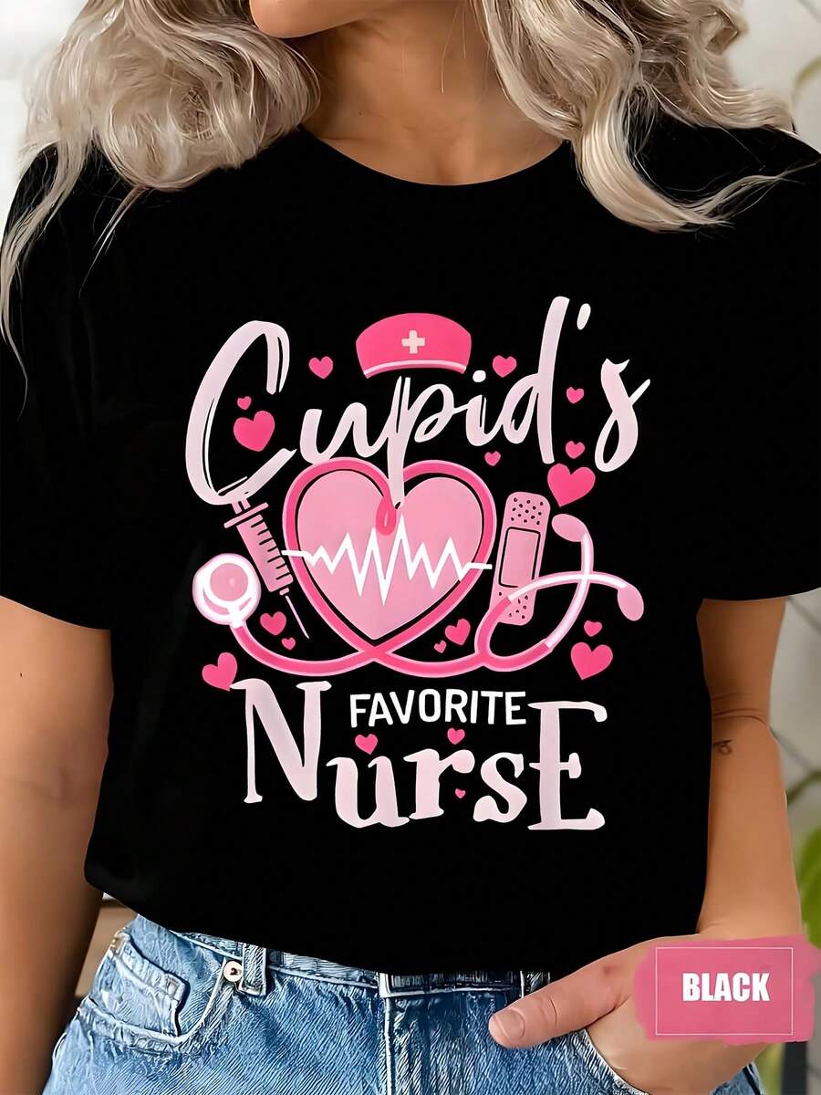 Women'S Love Nurse Life Print Round Neck Short Sleeve T-Shirt For Nursing Professionals And Healthcare Lovers Comfortable Fabric Suitable For Gifting 220g - màu đen - Xem 1