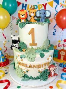 丛林动物蛋糕装饰，狮子、长颈鹿、猴子、大象、斑马，可爱动物蛋糕装饰，生日派对用品，野生动物主题，生日礼物 - 彩色 - 查看 7