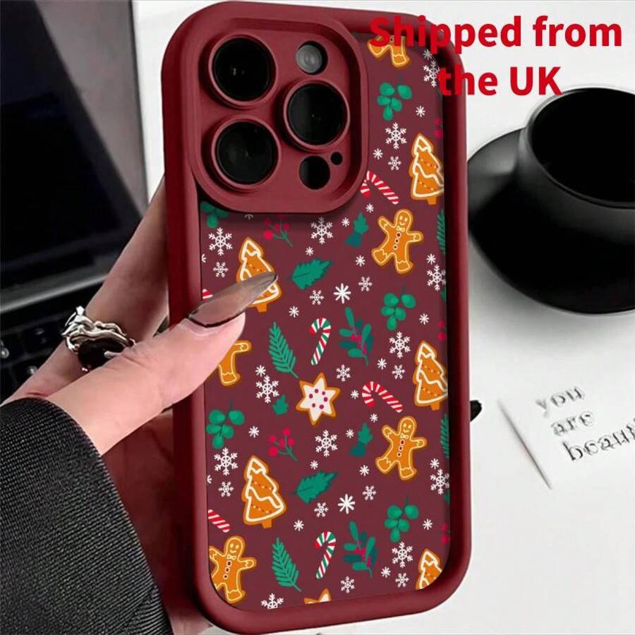 Christmas Themed Pattern Phone Case, Shockproof Phone Protective Cover, Decorative Phone Accessory Compatible With IPhone Series - Burgundy - View 1