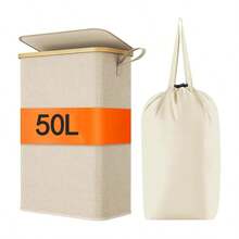 大容量带盖洗衣篮，带提手和可拆卸内袋，竹制提手，适用于宿舍、卧室、浴室收纳整理，可折叠，可作垃圾桶，经典款式，多组件设计，长方形，适合多种房间类型。